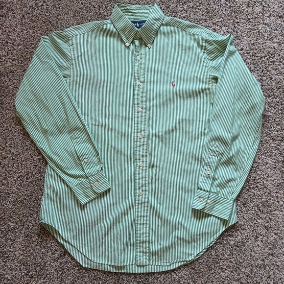 Ralph Lauren Classic Fit Button Down Shirt Mens 16 34/35 Green Stripe Flesh Pony - Picture 5 of 9